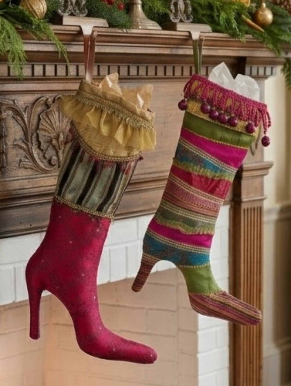 PIER 1 Decorative Fabric Victorian Theme Holiday Christmas Stocking Heeled Boots - Picture 2 of 16